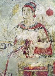 Frau bei ihrer Toilette, Detail aus einer Begräbnisszene, Samnitenzeit, 5.-4. Jahrhundert v. Chr.